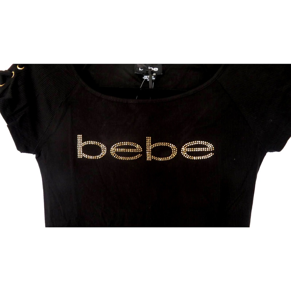 Nwt BEBE Black Logo Top Shirt w/ Gold Rhinestone Women Sz M - Picture 4 of 7